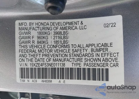 2022 Honda Insight Ex from USA, damaged, VIN 19XZE4F53NE011138